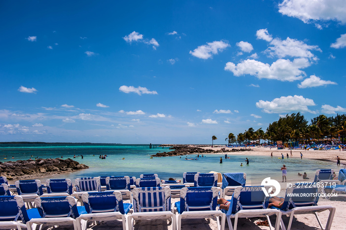 The beautiful Cococay island beach,Bahama. background blue sky.