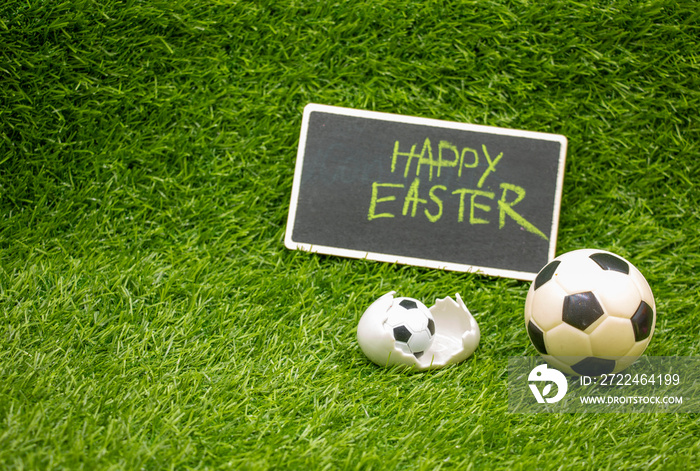 Soccer Easter with football and egg shell on green grass