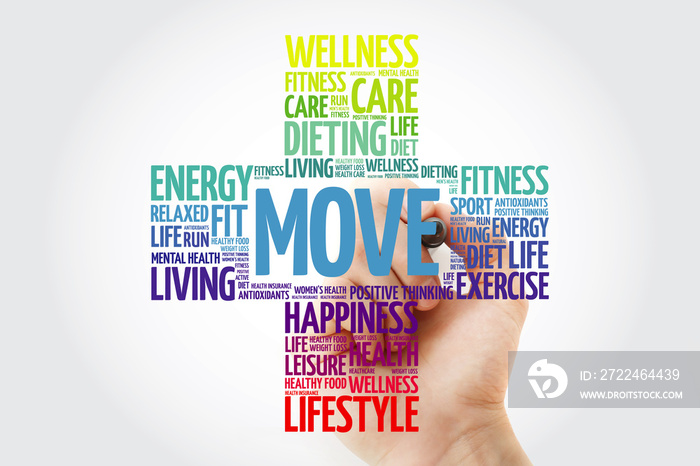 MOVE word cloud collage with marker, health cross concept