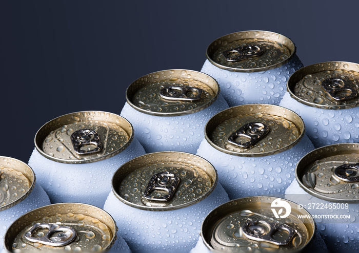 Group of silver aluminum beer cans,Cooling frozen and with water drops