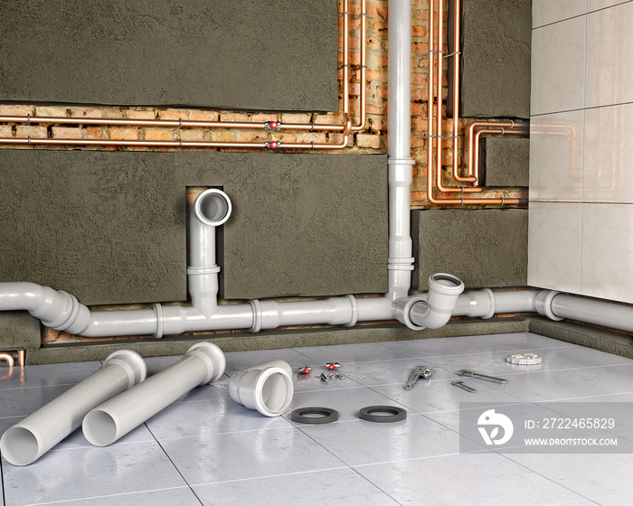 Process of changing pipes in bathroom interior, 3d illustration