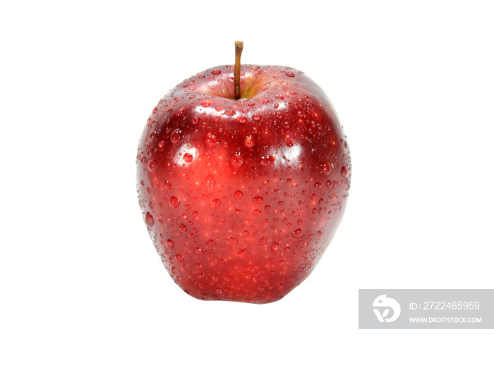 One apple with water droplets isolated on white background.