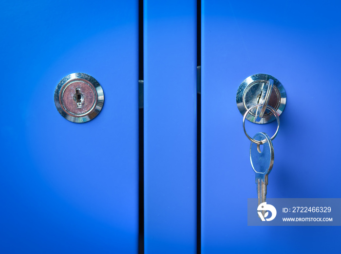 Blue metal Locker cabinet and key chain