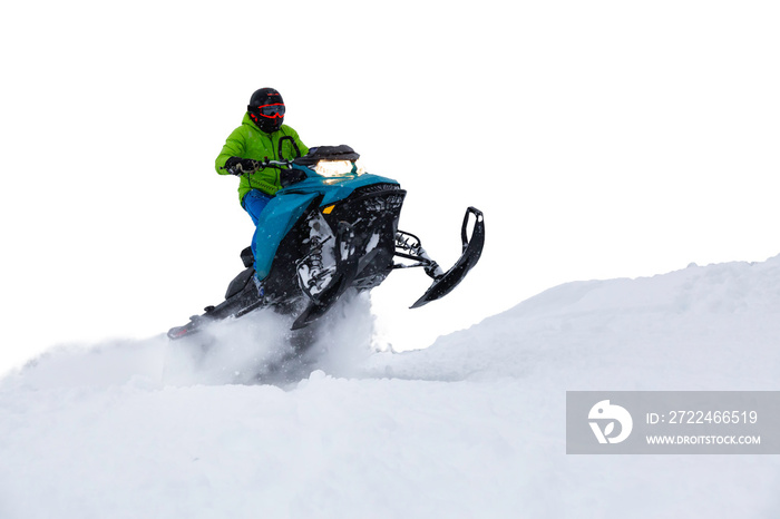 Adventurous Man Riding a Snowmobile in white snow. White Background Isolated Cutout. Perfect for Image Composites. Graphic Resource. Concept: Adventure, Explore, Hike, Lifestyle