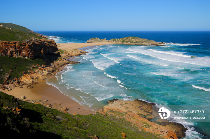 Beach south of the Robberg peninsula, as seen from the Gap in the Robberg Nature Reserve near Plettenberg Bay on the Garden Route, Western Cape, South Africa