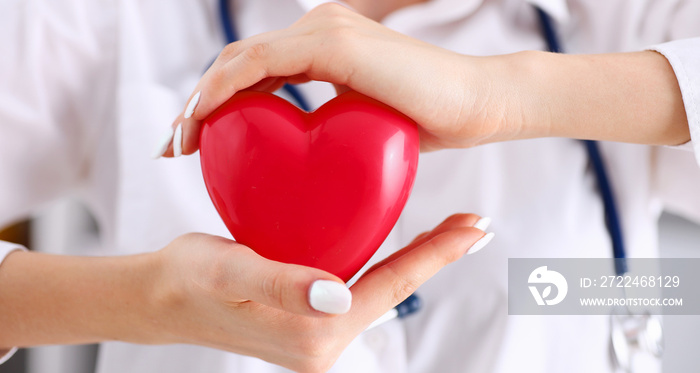 Female doctor hold in arms and cover red toy heart closeup. Cardio therapeutist, student education, CPR, 911 life save, physician make cardiac physical, pulse rate measure, arrhythmia, lifestyle