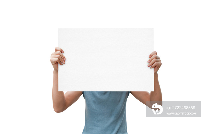 Man hand show white blank paper isolated on transparent background - PNG format.