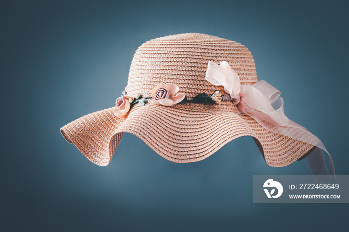 Vintage Straw hat fasion for woman isolated on white-gray background with shadow.