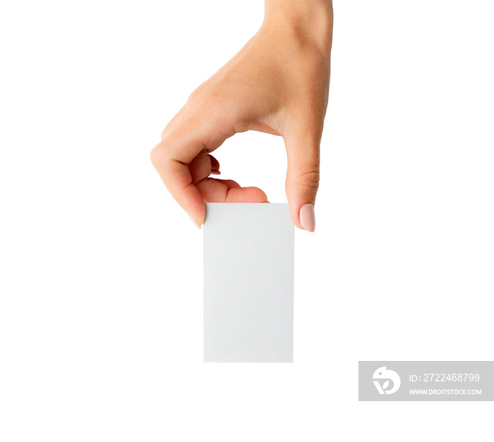 Woman holding white business card in hand isolated on a white background. Tamplate for your design.