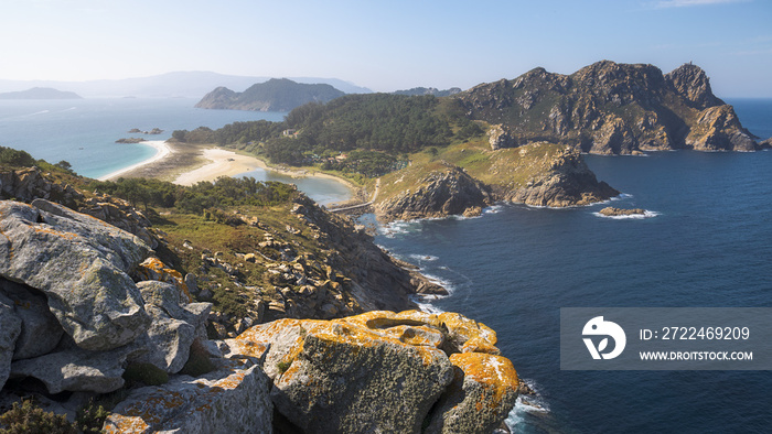 Aerial View of Stunning Landscape in the Cies Islands Natural Park, Galicia, Spain