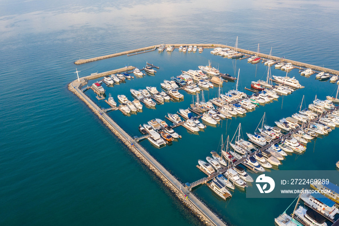 Aerial view of yachts in the marina