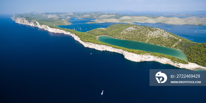 Aerial view of the Slano lake in nature park Telascica, Croatia