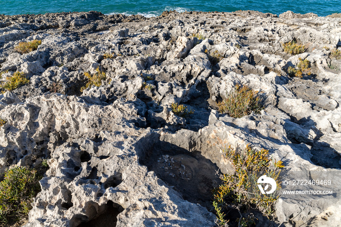 Rocky coast of Gargano, Puglia, Italy. Sedimentary rock. Background.