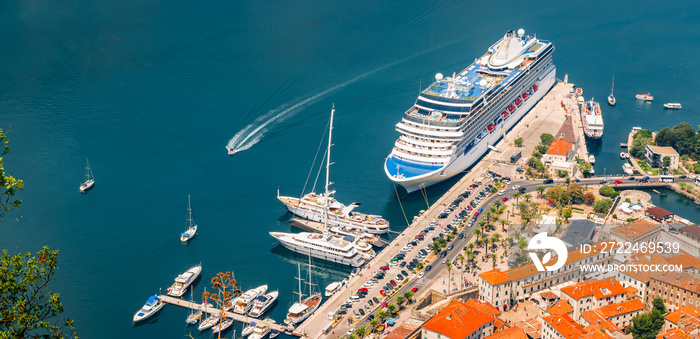 Aerial view of cruise ship in port of Kotor, Montenegro.