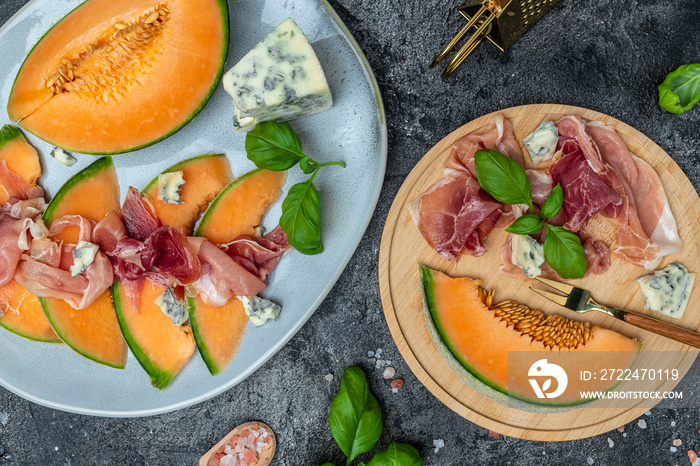 appetizer with sweet melon and ham, dorblu stilton dairy product, blue cheese roquefort gorgonzola, roquefort, cambozola, Food recipe background