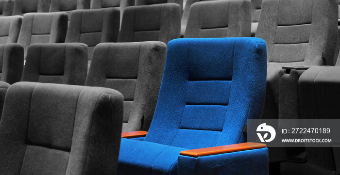 Modern cinema hall empty and blue grey comfortable seats