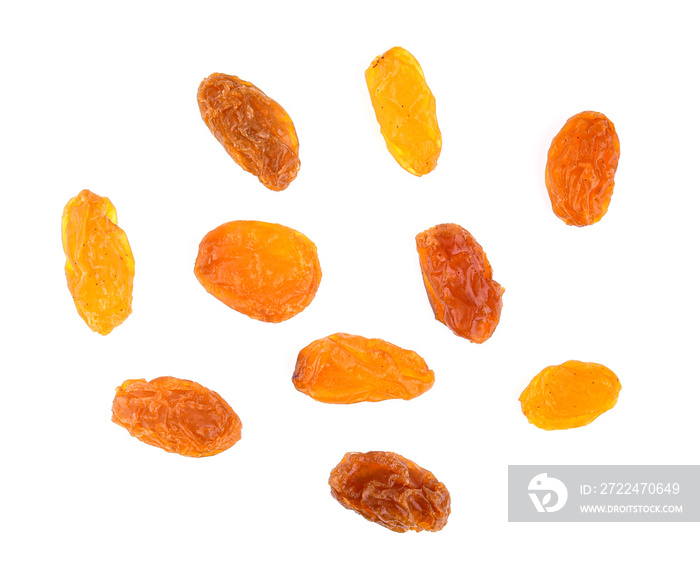 Top view of yellow raisins isolated on white background