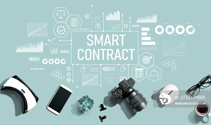 Smart contract theme with electronic gadgets and office supplies - flat lay