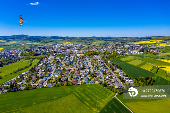 Aerial view, agriculture with cereal fields and rapeseed cultivation, Usingen, Schwalbach, Hochtaunuskreis, Hesse, Germany