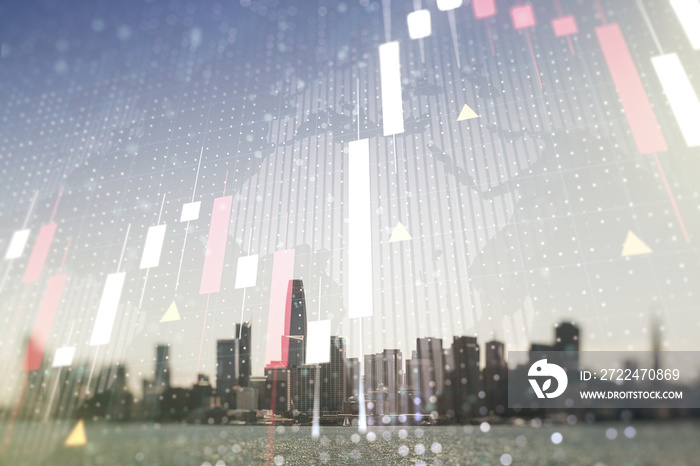 Abstract creative financial graph interface and world map on San Francisco skyline background, forex and investment concept. Multiexposure