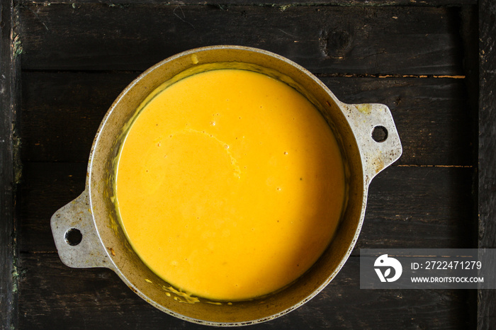 pumpkin and carrot soup (orange cream soup). Healthy food. Copy space. Diet menu. Top view