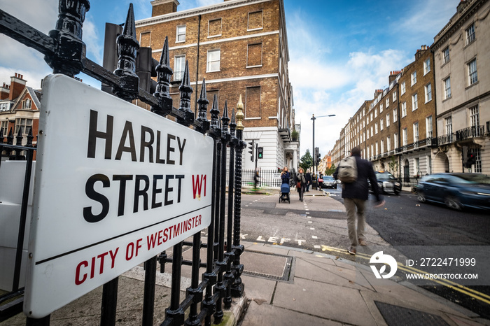 Harley Street, City Of Westminster street sign- a landmark London street notable for its historic and current medical practitioners