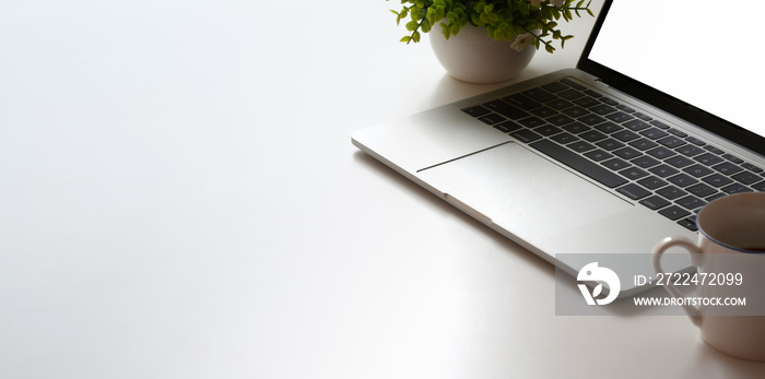 Cropped shot of minimal workspace with laptop computer and tree pot on white table table