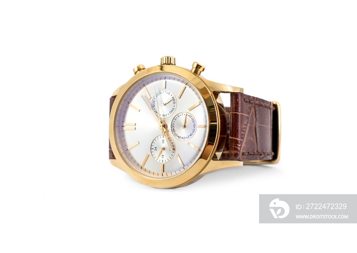 Mechanical golden men’s wrist watch on white background.