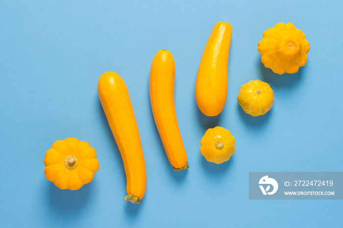 Fresh harvest of zucchini and pattypan squash, yellow squash and pattison on blue background