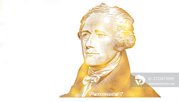 golden textured Alexander Hamilton cut on 10 dollar banknote isolated on white background