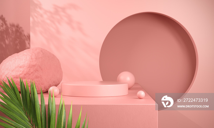 Minimal Pink Podium Natural Concept With Palm Leaf Abstract Background 3d Render