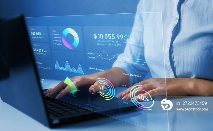 Business finance data analytics graph. Advisor using KPI Dashboard on virtual screen. Financial management technology.