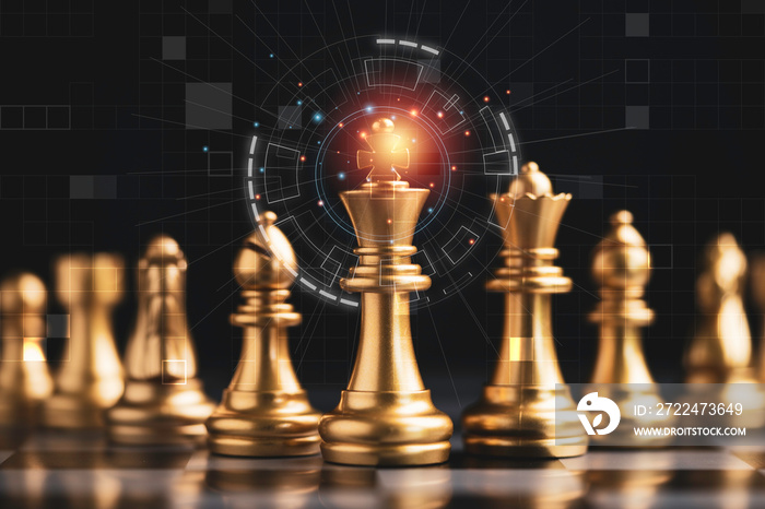 Golden king chess encounter with gold chess enemy on dark background and connection line for strategy idea and futuristic concept