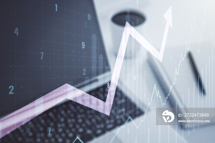 Double exposure of abstract creative financial chart with upward arrow on laptop background, research and strategy concept