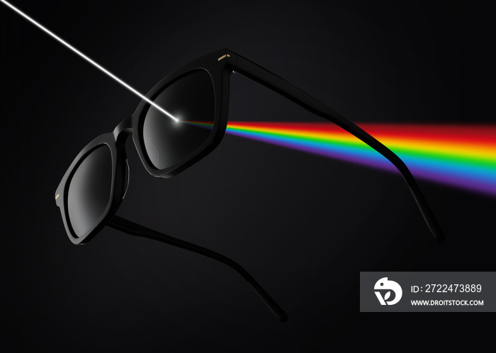 concept of polarized lenses, sunglasses isolated on black background filter the rays of sunlight, with rainbow colors illustration
