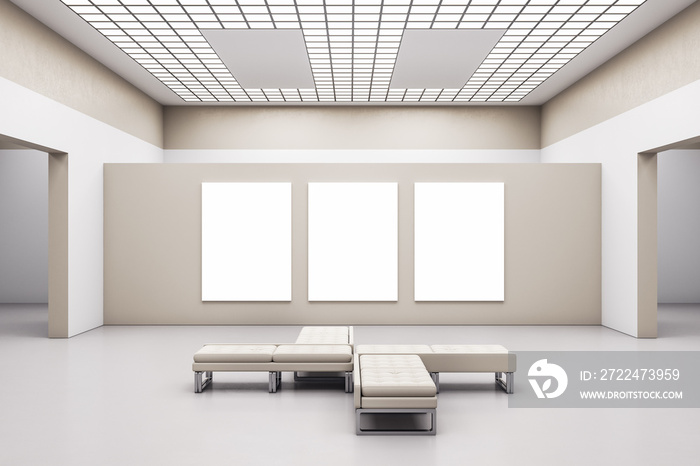 Minimalistic exhibition hall with three blank banners