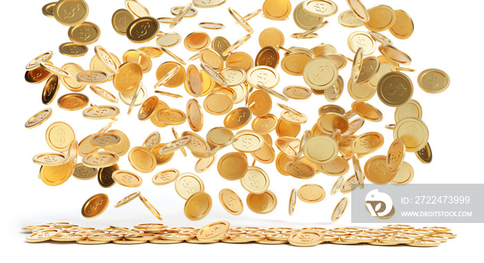 Many realistic gold coins falling down from top into the floor isolated on white background. Capital growth saving and finance concept. 3D rendering