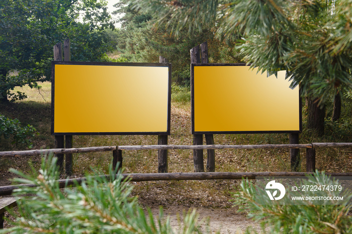 information boards in the forest. copy space. summer time