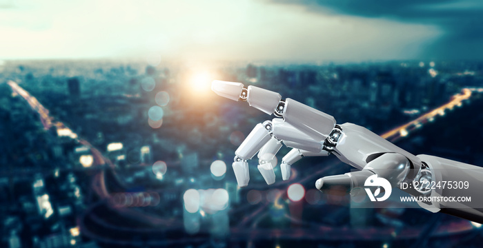 Artificial intelligence robot AI hand city bokeh background futuristic network communication data analysing, iot innovation computer system information technology concept. 3d robot hand rendering.