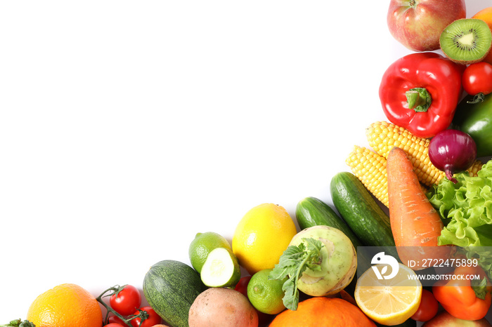 Composition with ripe vegetables and fruits isolated. Top view