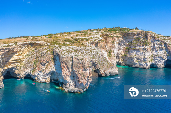 Blue Grotto in Malta, aerial view from the Mediterranean Sea to the island.