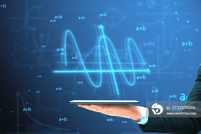 Close up of businessman hand holding cellphone with abstract glowing mathematical formula graph on blue background. Equation, digital data and mathematics app concept.