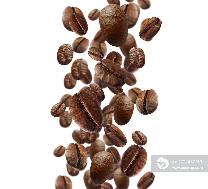 Falling coffee beans isolated on white