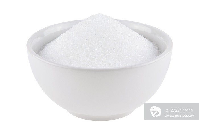 Bowl of white sugar isolated on white background