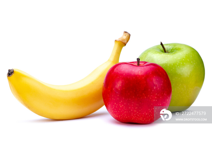 Yellow banana and ripe red and green apple isolated on white background. Fresh and fiber fruits