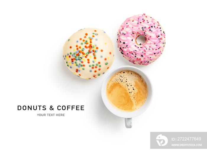 Donuts and cup of coffee creative layout.