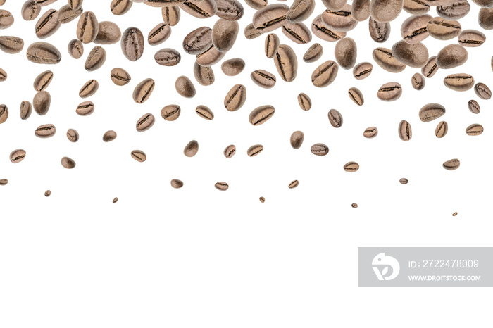 Coffee beans flying background. Black espresso grain falling on white. Rustic coffee bean fall isolated. Represent breakfast, energy, freshness or great aroma concept.