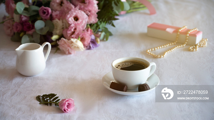 Close up of cup of coffee on the table