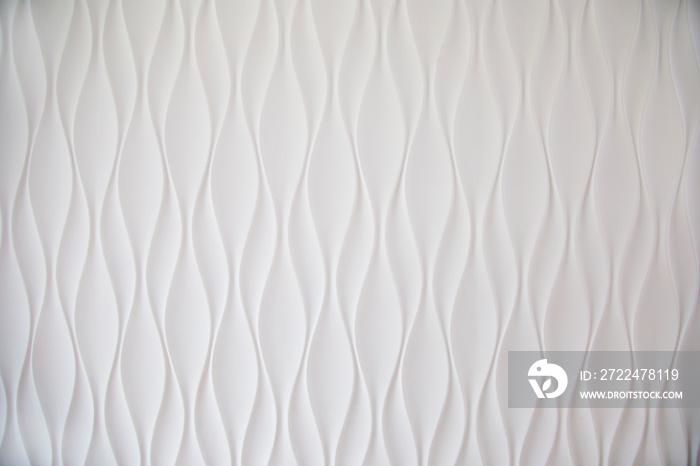 Design of wall panels. White panel, realistic 3d relief wave design. Future liquid modern interior of gypsum stucco. Photo background.