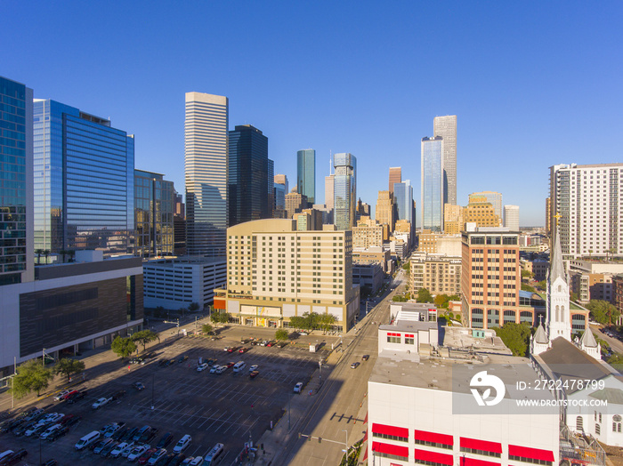 Houston modern city aerial view in downtown Houston, Texas, TX, USA.